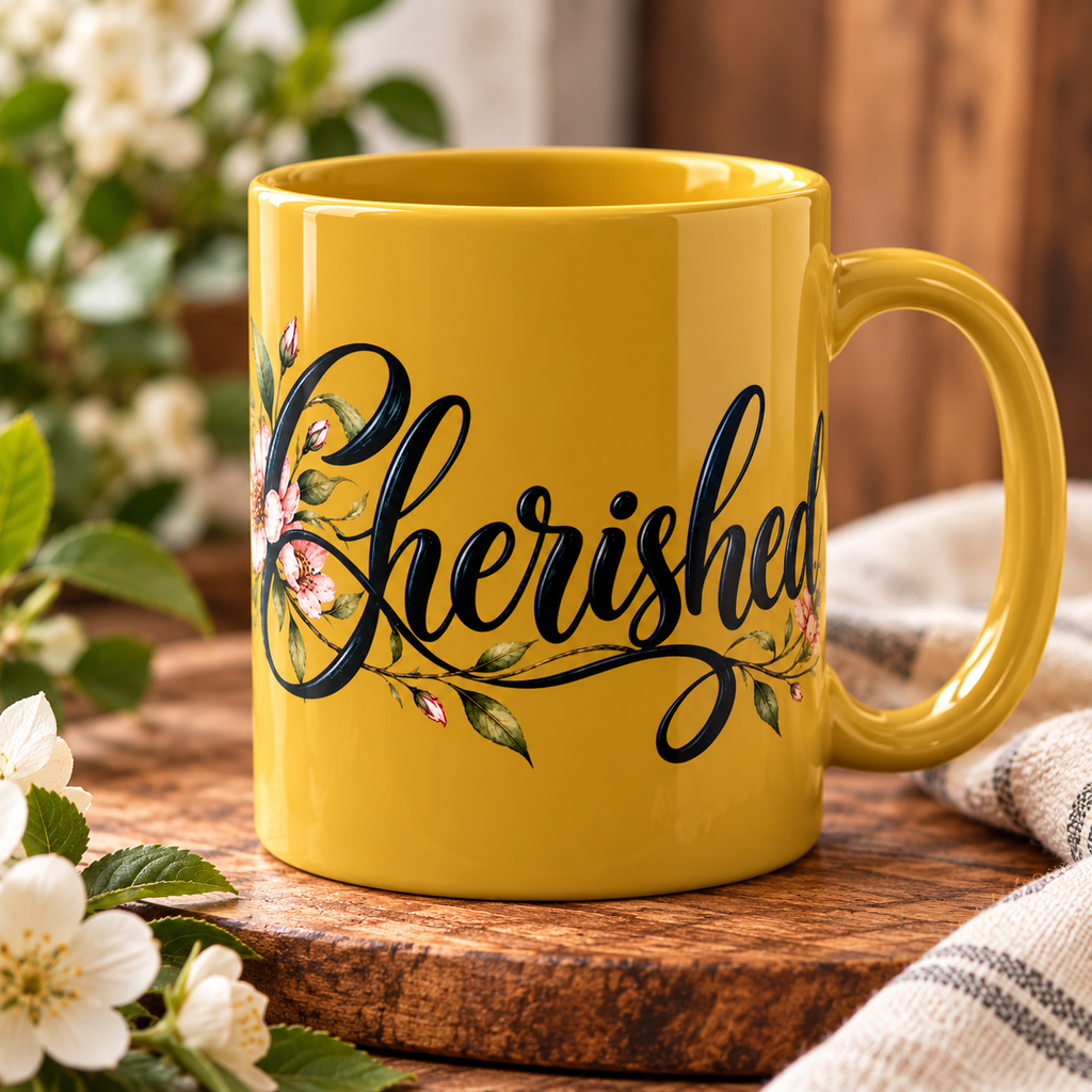 Cherished Floral Mug — Beige Ceramic Coffee Cup with Script Typography