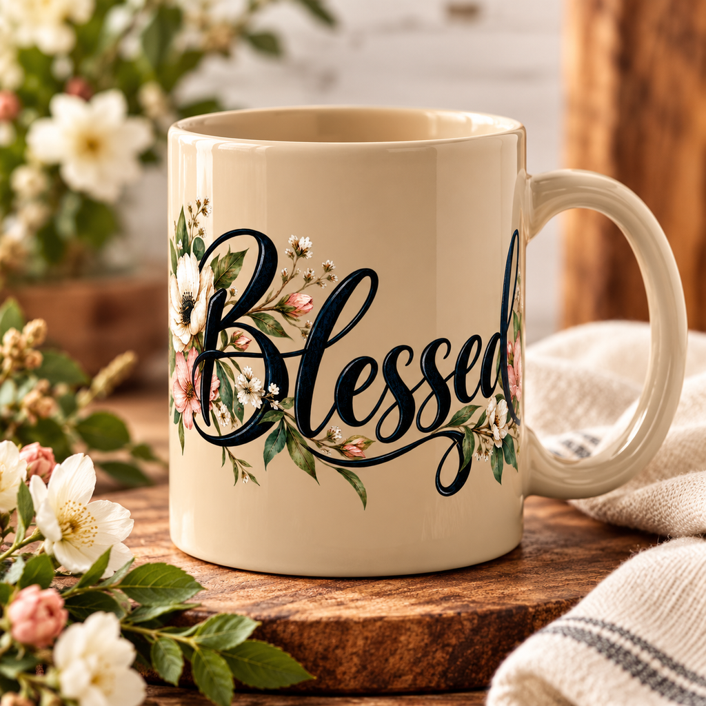 Blessed Floral Ceramic Mug — Inspirational Coffee Cup