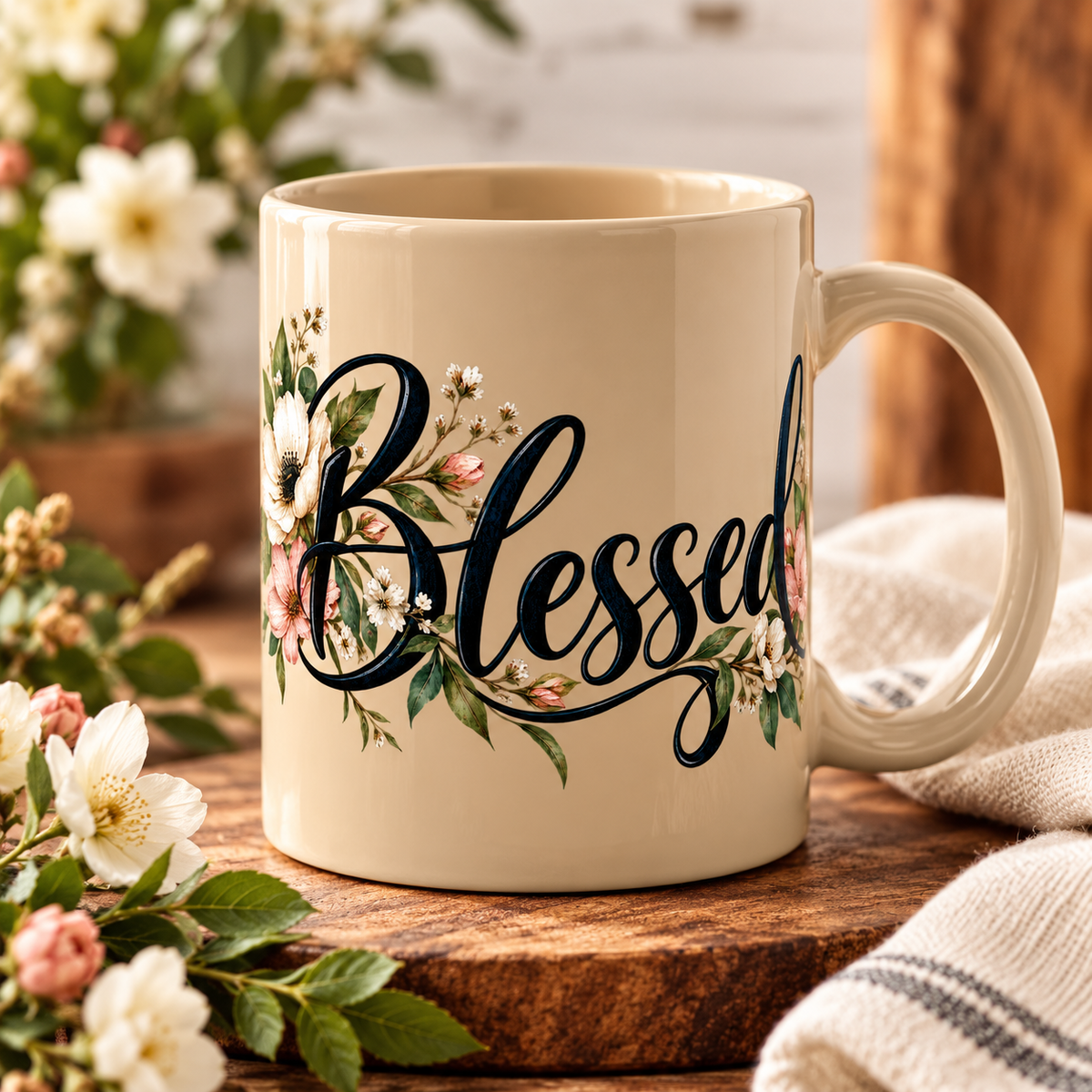 Blessed Floral Ceramic Mug — Inspirational Coffee Cup