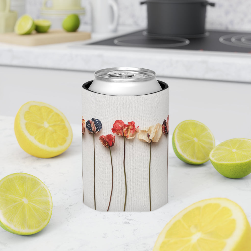 American Floral Can Cooler, Patriotic Drink Sleeve, USA Flower Beverage Holder, Fourth of July Koozie, Red White Blue Insulator