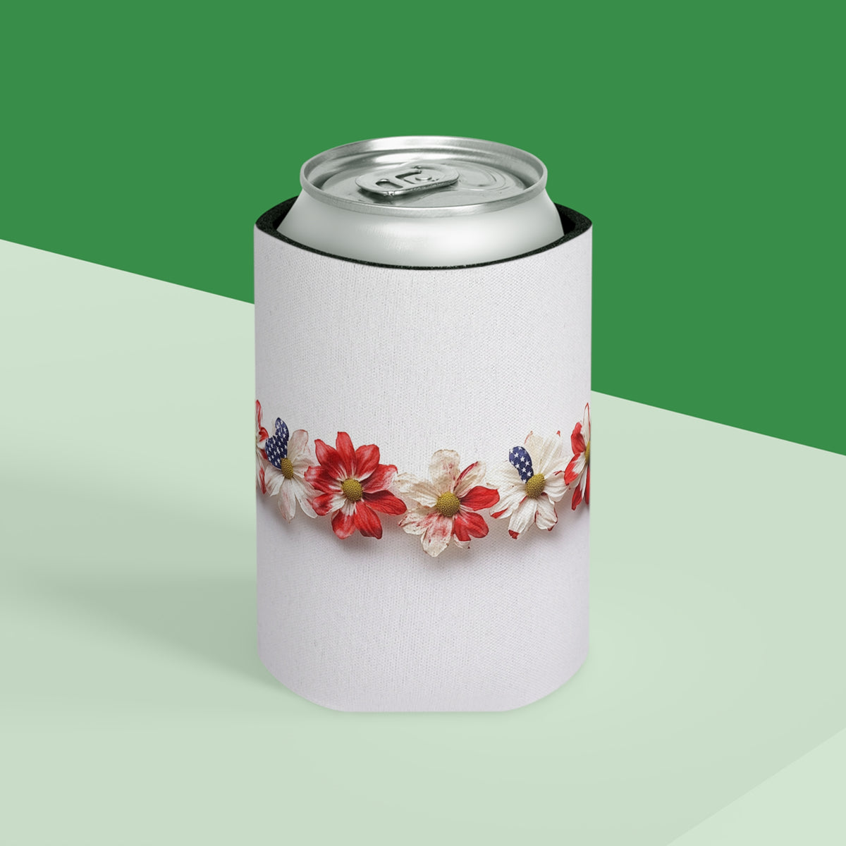 American Floral Can Cooler, Patriotic Drink Holder, Red White Blue Beverage Sleeve, USA Flower Beer Hugger, Independence Day Insulator,