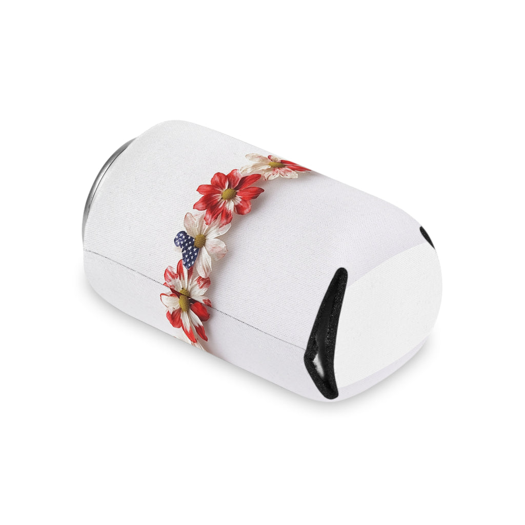 American Floral Can Cooler, Patriotic Drink Holder, Red White Blue Beverage Sleeve, USA Flower Beer Hugger, Independence Day Insulator,