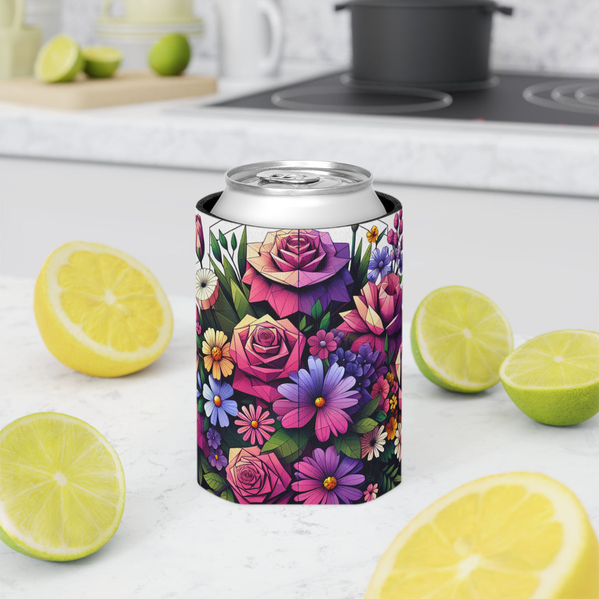 Floral Can Cooler - Drink Sleeve, Beverage Holder, Insulated Coozie, Flower Patterned Coolie, Summer Party Favor
