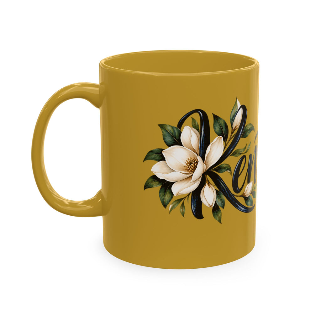 Kentucky Magnolia Ceramic Mug — State Script Coffee Cup with Floral Design