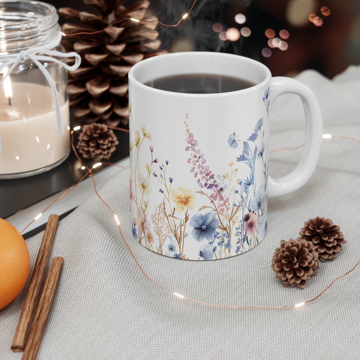 Pressed Flowers Mug, Boho Wildflowers Coffee Mug, Gift for her, Spring Mug, Watercolor Flower Mug