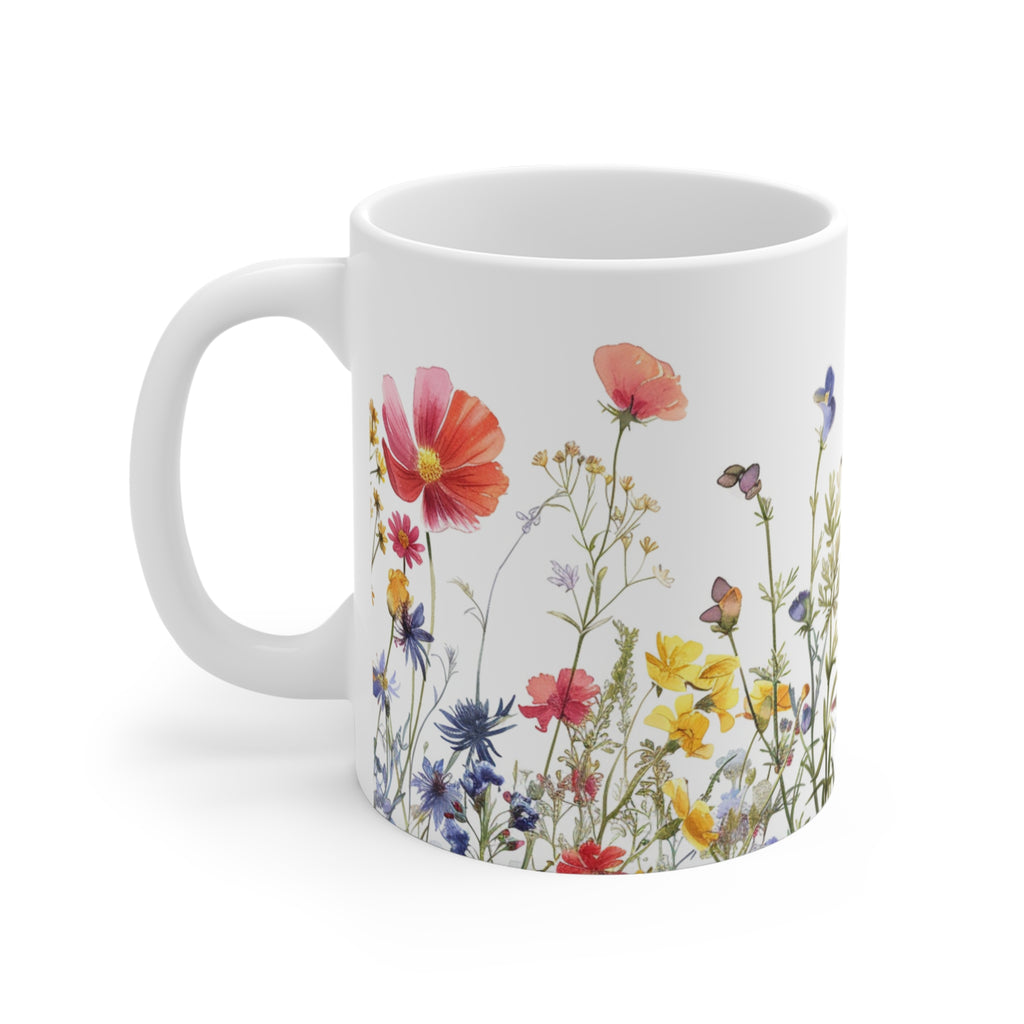 Pressed Flowers Mug, Boho Wildflowers Coffee Mug, Gift for her, Spring Mug, Watercolor Flower Mug