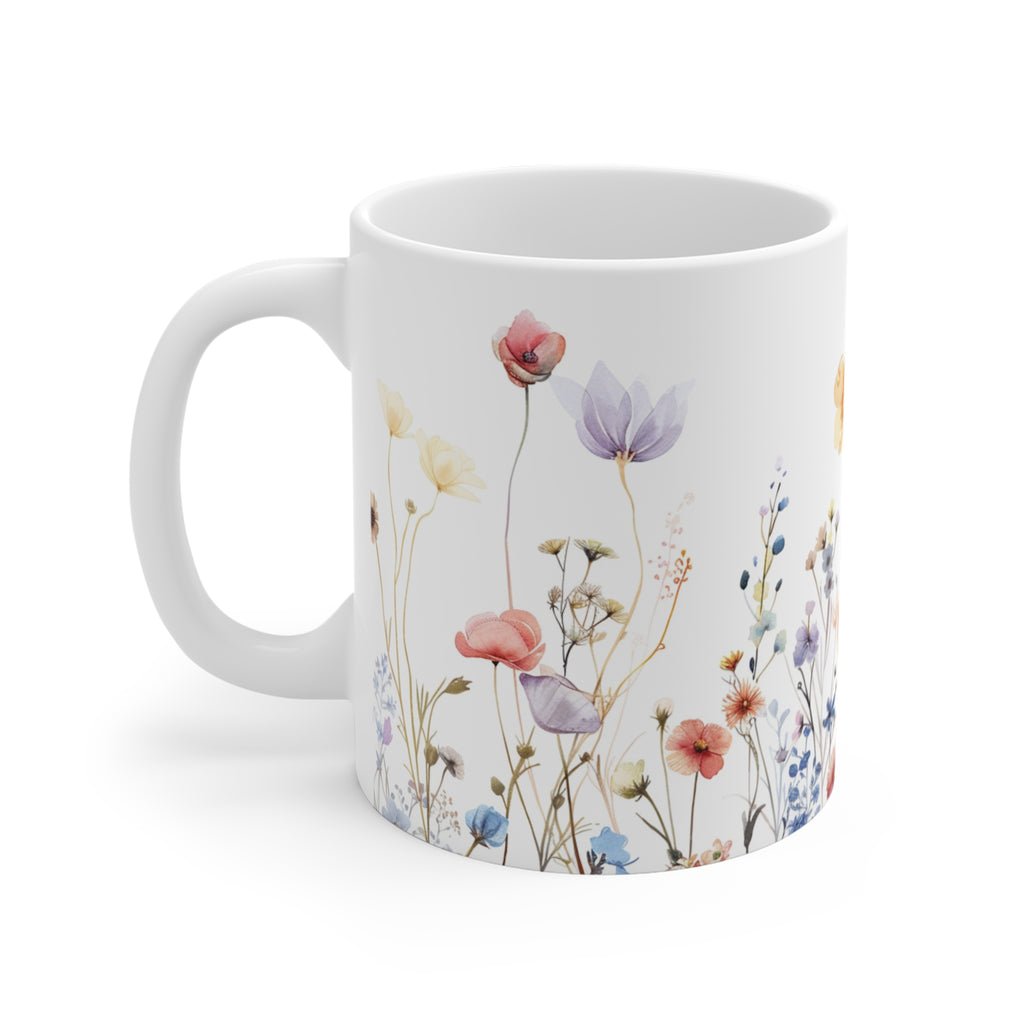 Pressed Flowers Mug, Boho Wildflowers Coffee Mug, Gift for her, Spring Mug, Watercolor Flower Mug