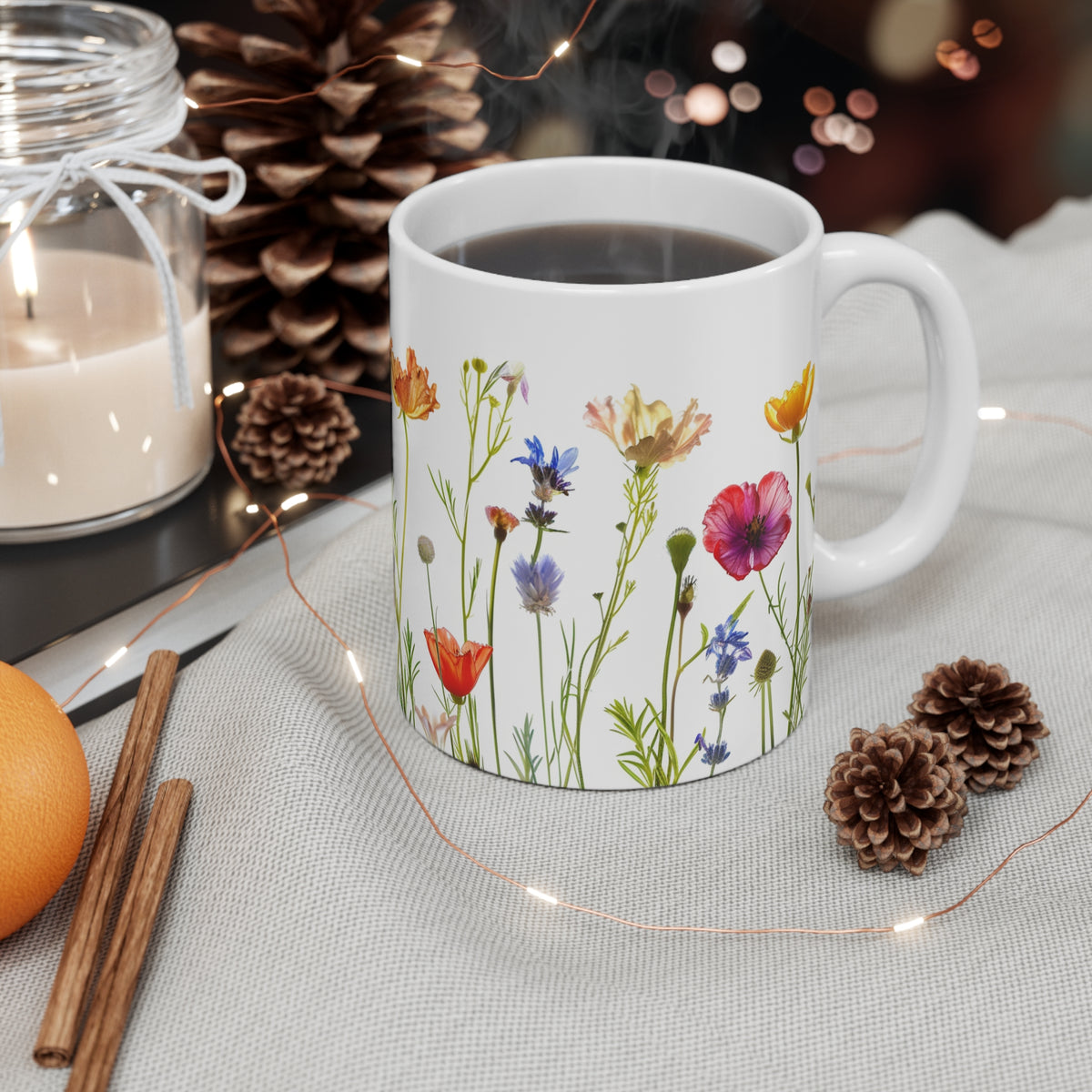 Pressed Flowers Mug, Boho Wildflowers Coffee Mug, Gift for her, Spring Mug, Watercolor Flower Mug