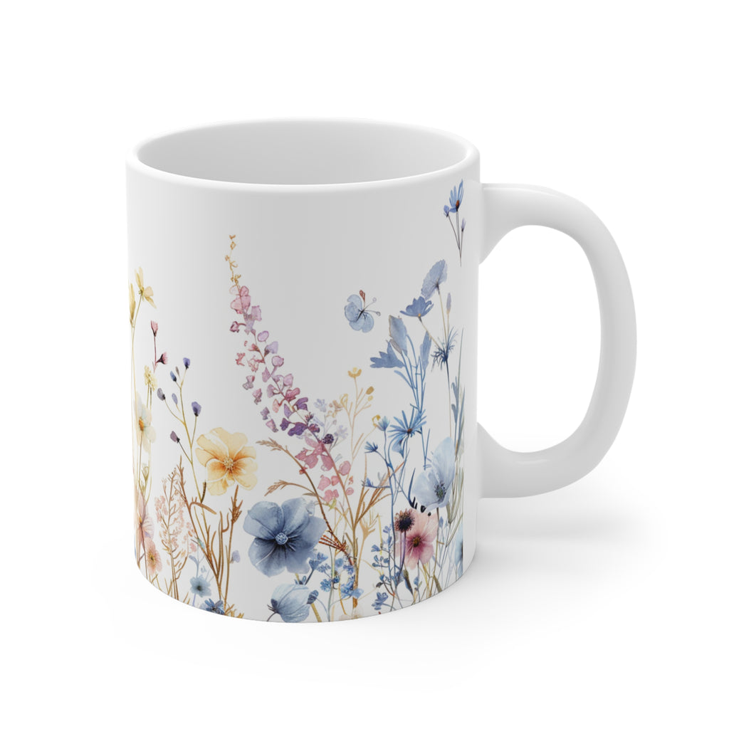 Pressed Flowers Mug, Boho Wildflowers Coffee Mug, Gift for her, Spring Mug, Watercolor Flower Mug