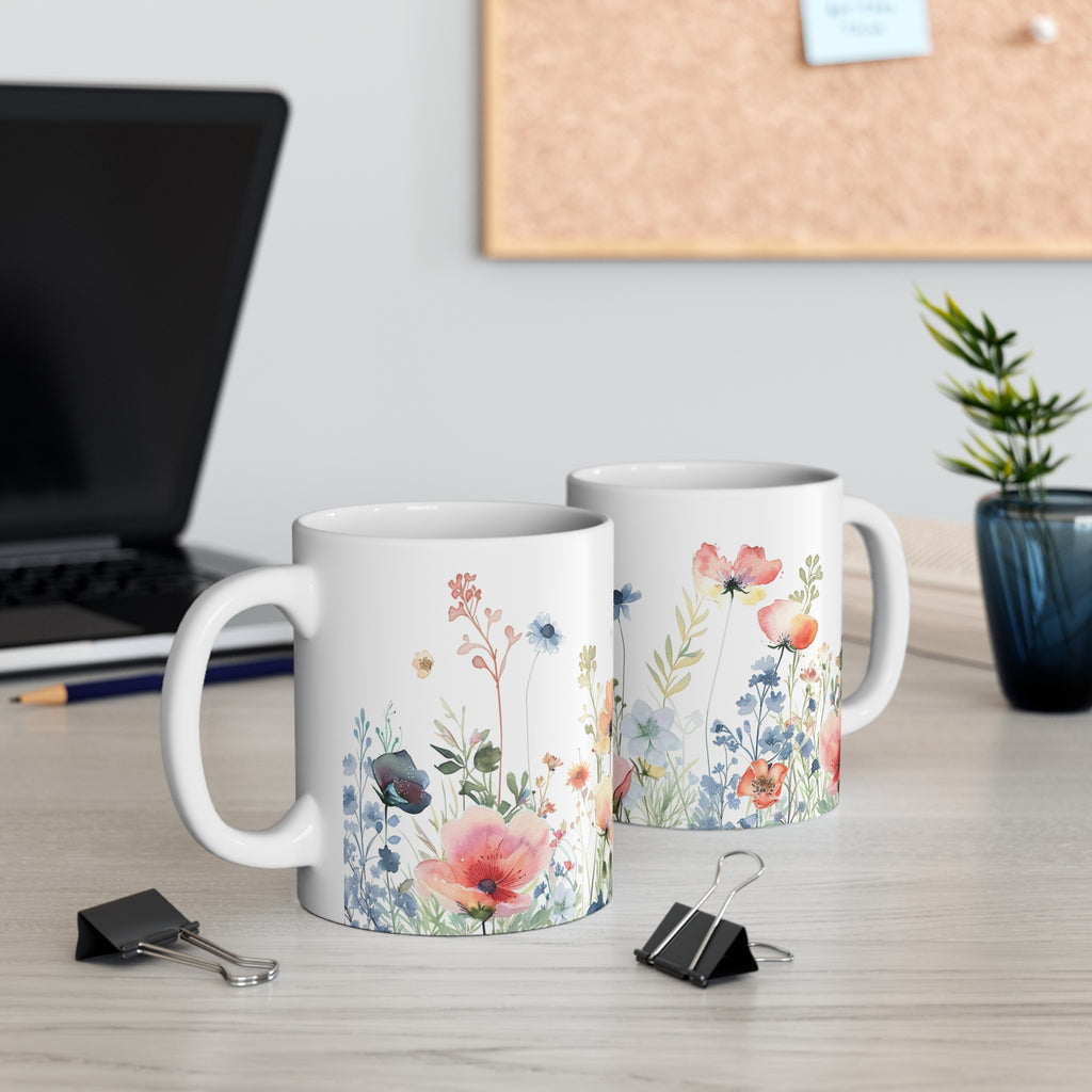 Pressed Flowers Mug, Boho Wildflowers Coffee Mug, Gift for her, Spring Mug, Watercolor Flower Mug