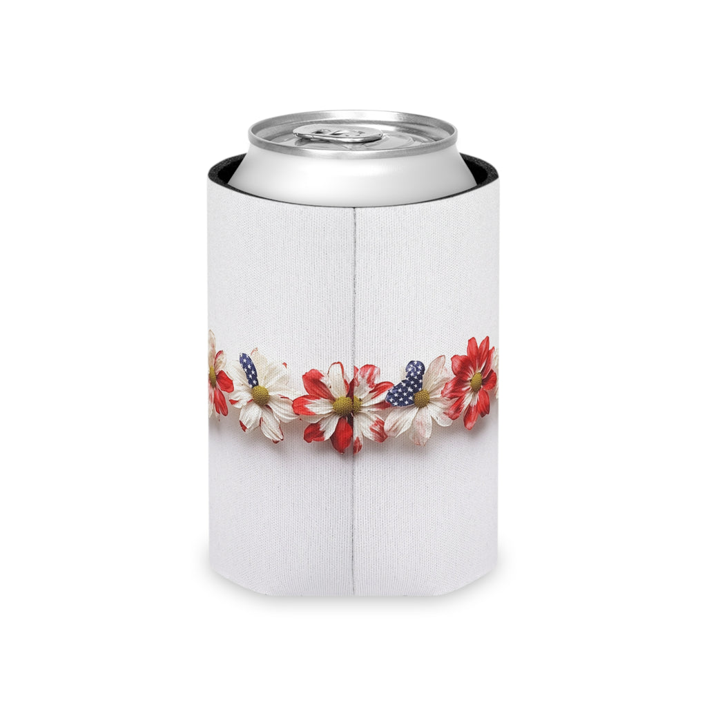 American Floral Can Cooler, Patriotic Drink Holder, Red White Blue Beverage Sleeve, USA Flower Beer Hugger, Independence Day Insulator,