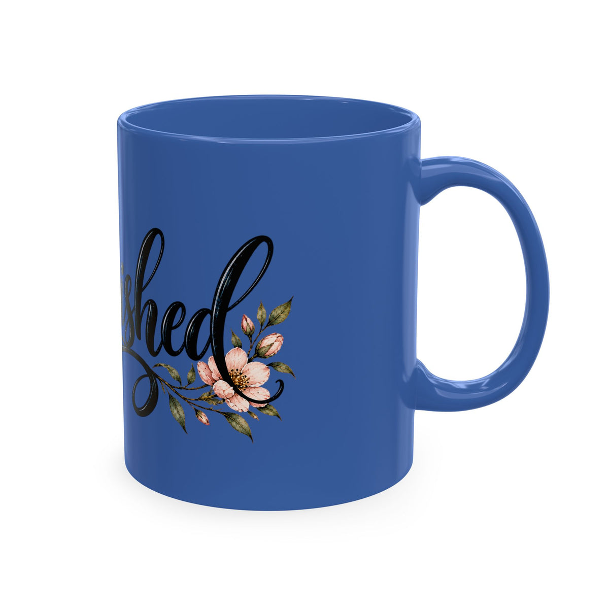 Cherished Floral Mug — Beige Ceramic Coffee Cup with Script Typography