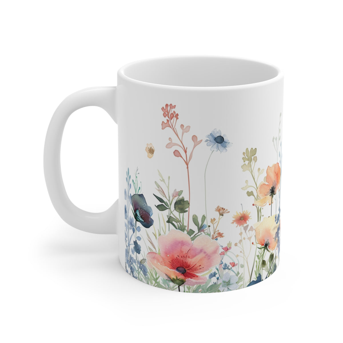 Pressed Flowers Mug, Boho Wildflowers Coffee Mug, Gift for her, Spring Mug, Watercolor Flower Mug