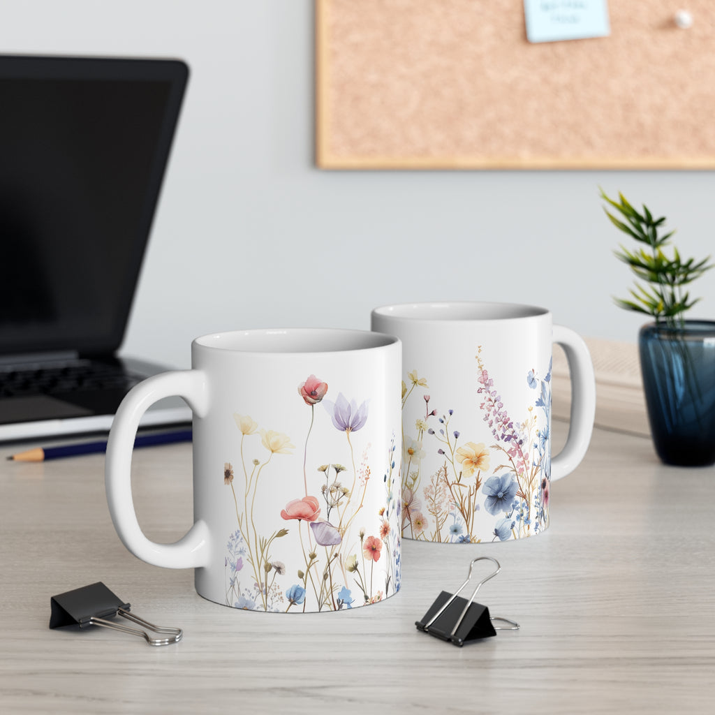Pressed Flowers Mug, Boho Wildflowers Coffee Mug, Gift for her, Spring Mug, Watercolor Flower Mug