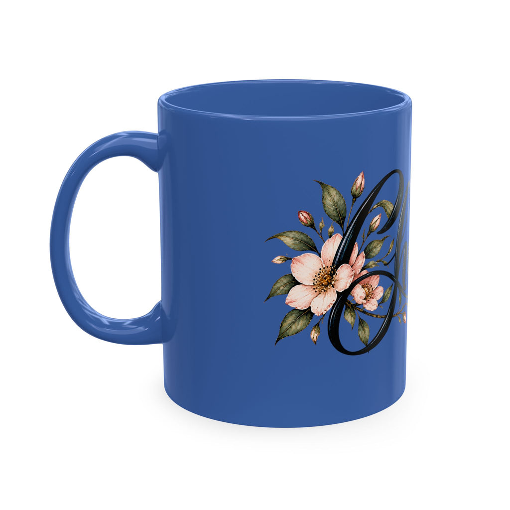 Cherished Floral Mug — Beige Ceramic Coffee Cup with Script Typography