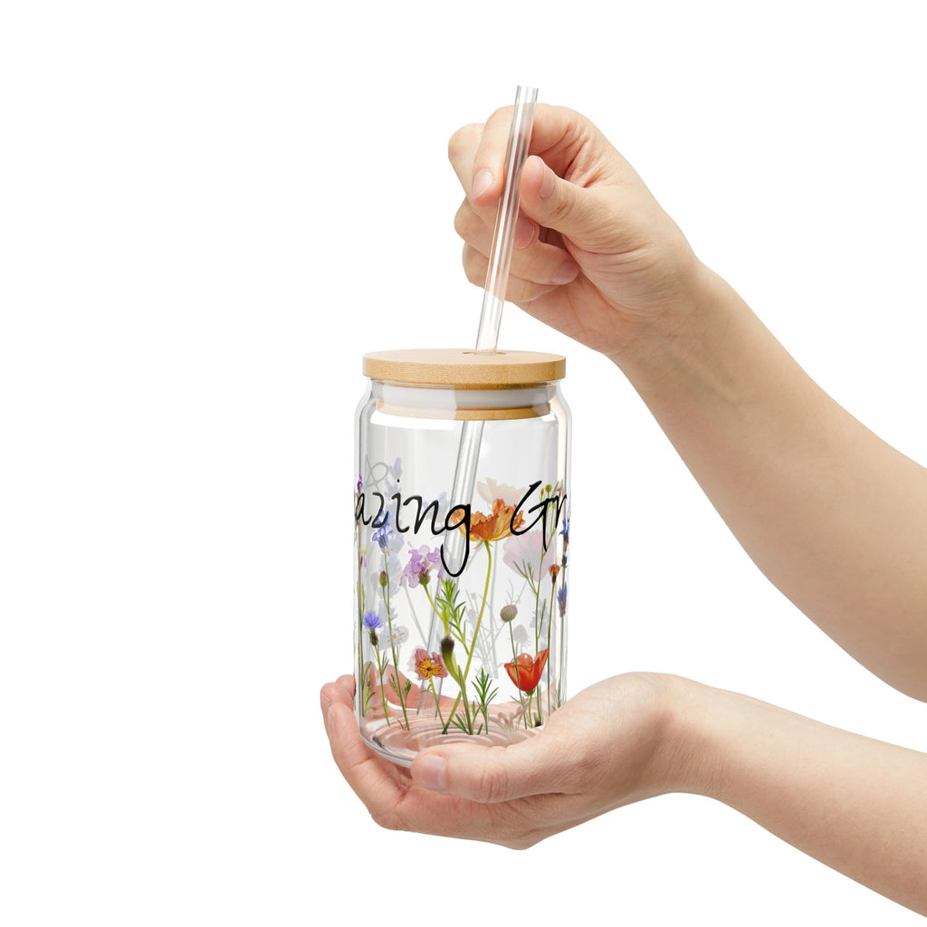 Amazing Grace Glass Sipper Glass, 16oz, Tumbler with Wildflowers