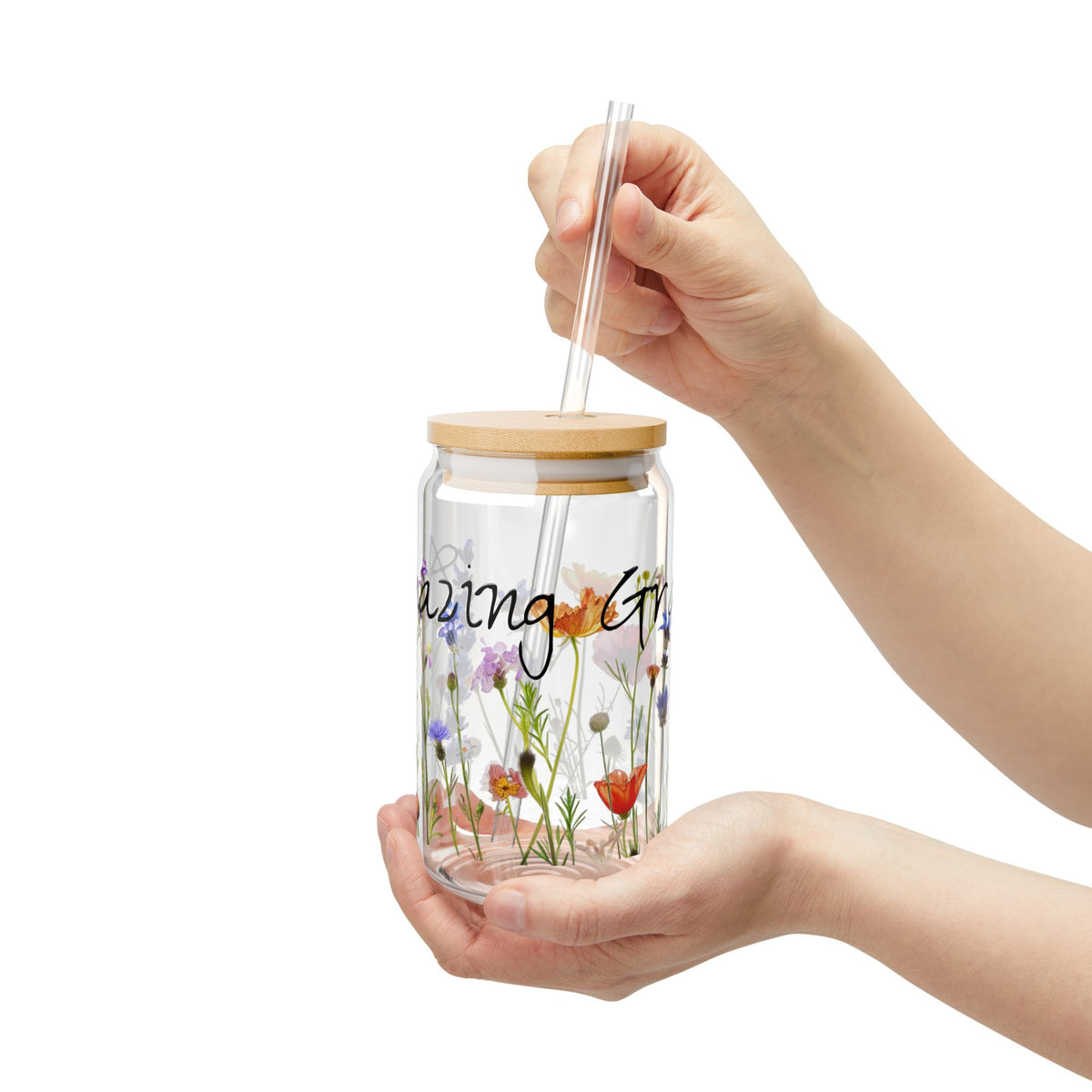 Amazing Grace Glass Sipper Glass, 16oz, Tumbler with Wildflowers