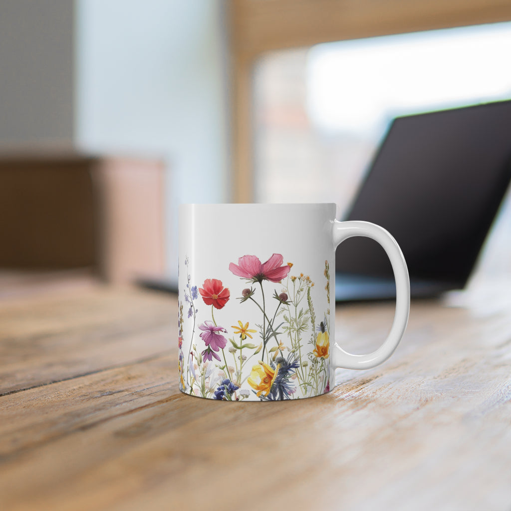 Pressed Flowers Mug, Boho Wildflowers Coffee Mug, Gift for her, Spring Mug, Watercolor Flower Mug