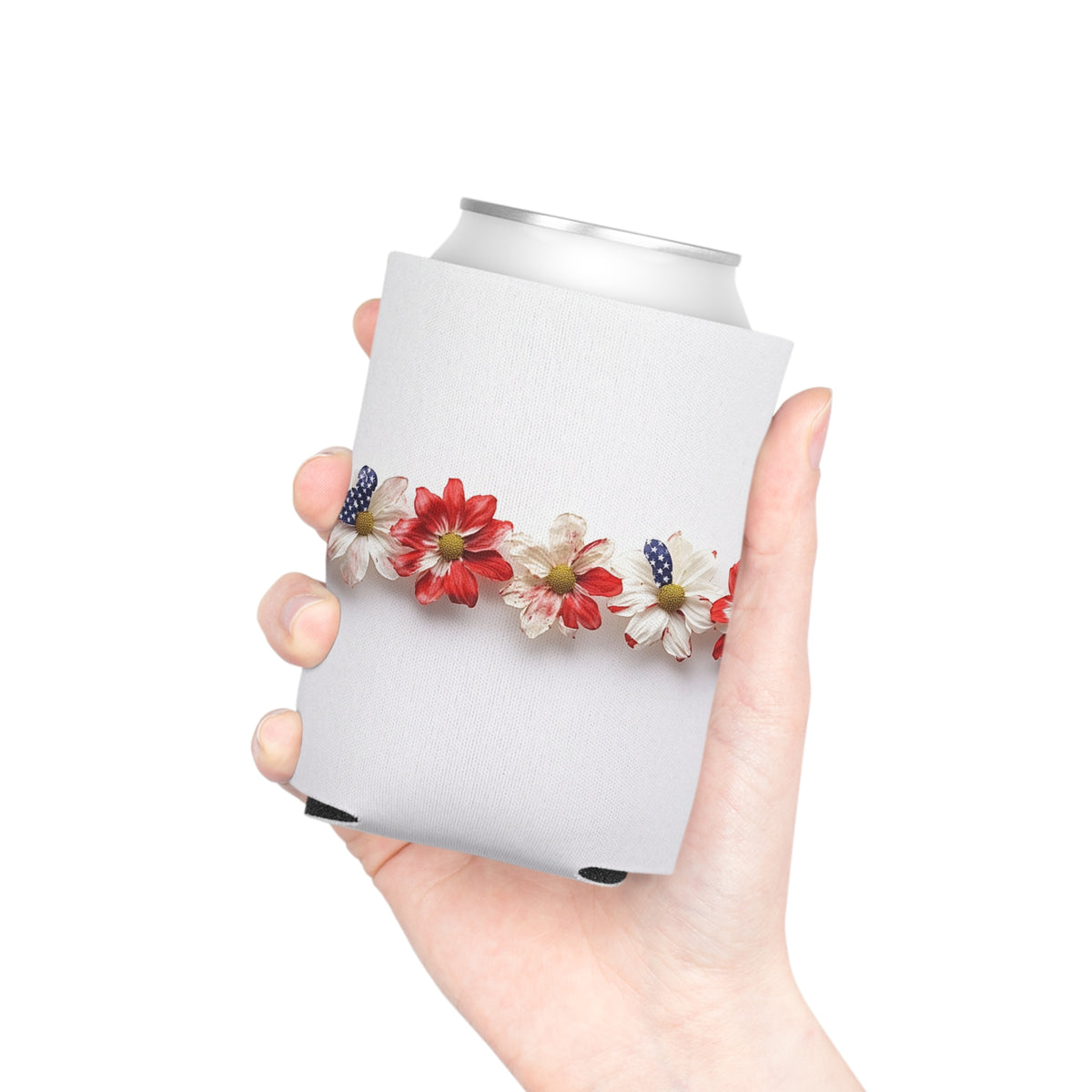 American Floral Can Cooler, Patriotic Drink Holder, Red White Blue Beverage Sleeve, USA Flower Beer Hugger, Independence Day Insulator,