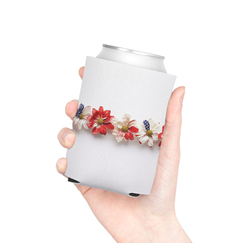 American Floral Can Cooler, Patriotic Drink Holder, Red White Blue Beverage Sleeve, USA Flower Beer Hugger, Independence Day Insulator,