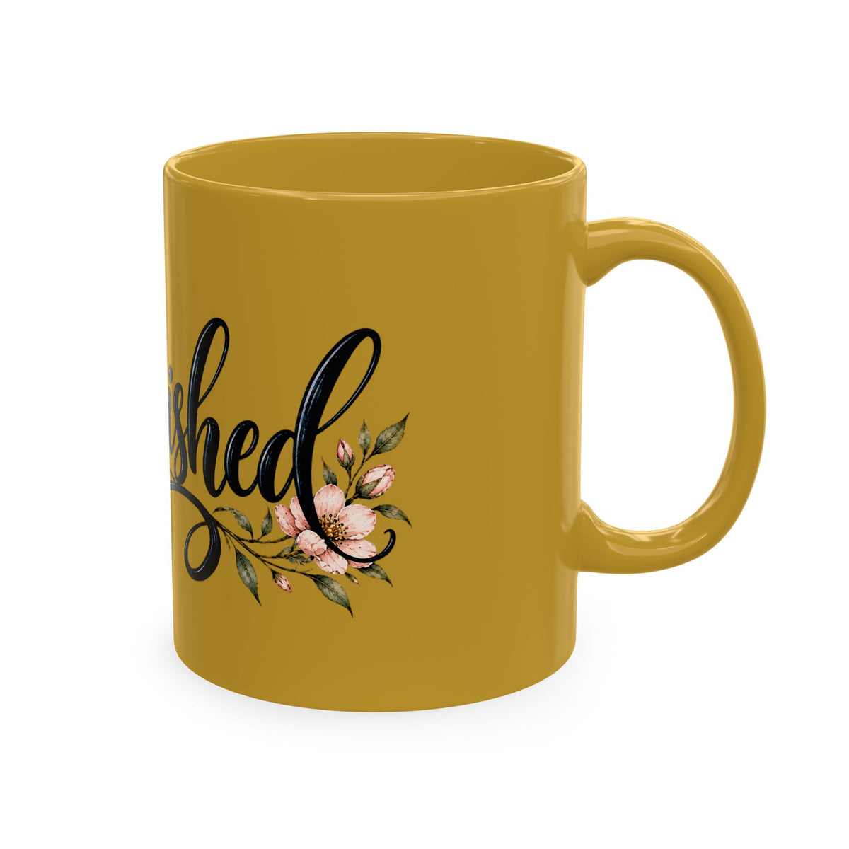 Cherished Floral Mug — Beige Ceramic Coffee Cup with Script Typography