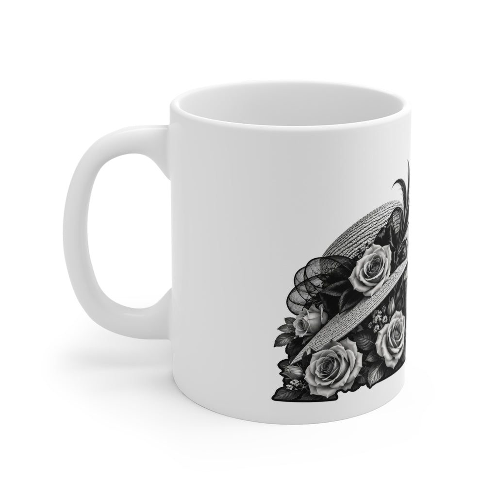 Derby Hat & Roses 11oz Coffee Mug — Vintage Horse Racing Track Illustration