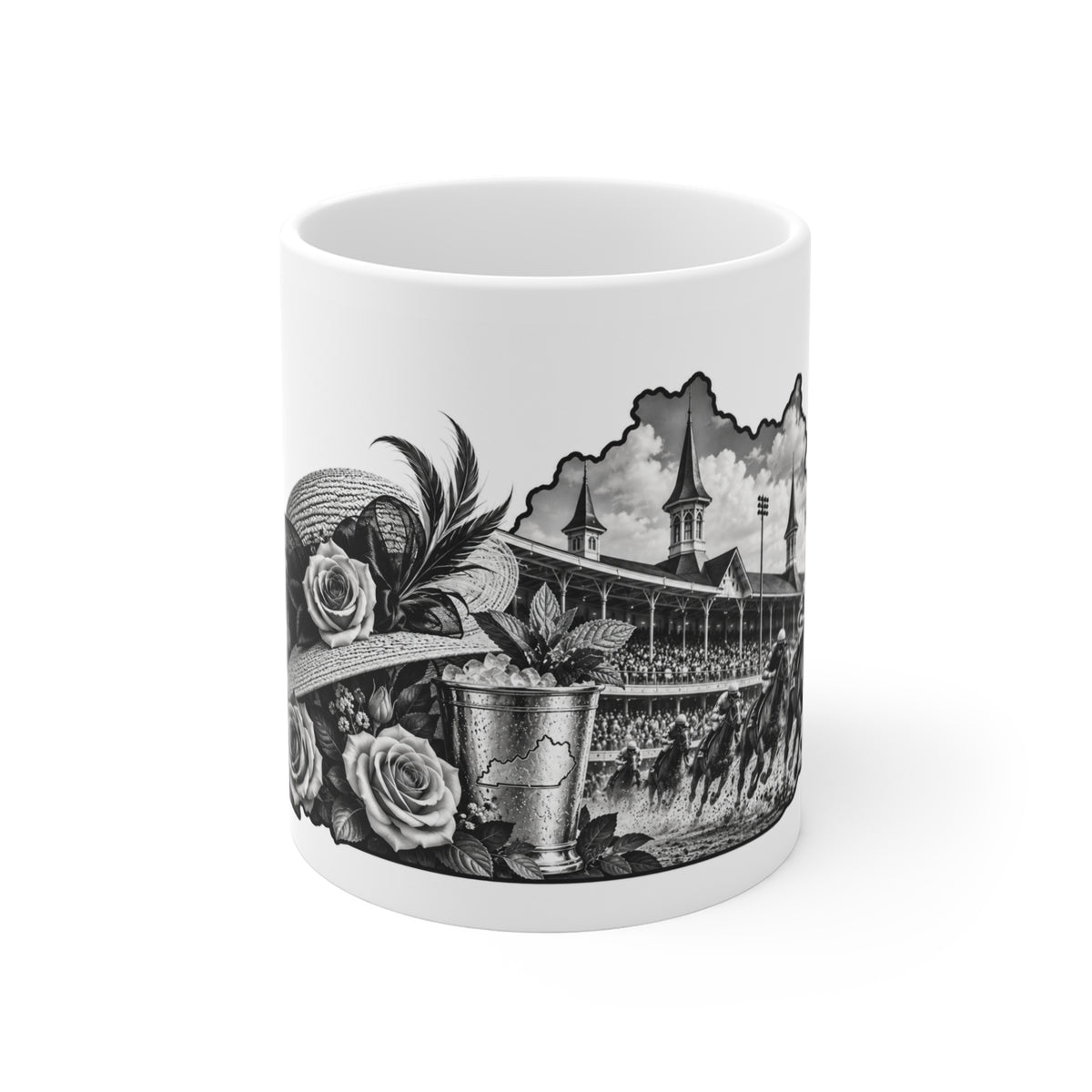 Derby Hat & Roses 11oz Coffee Mug — Vintage Horse Racing Track Illustration