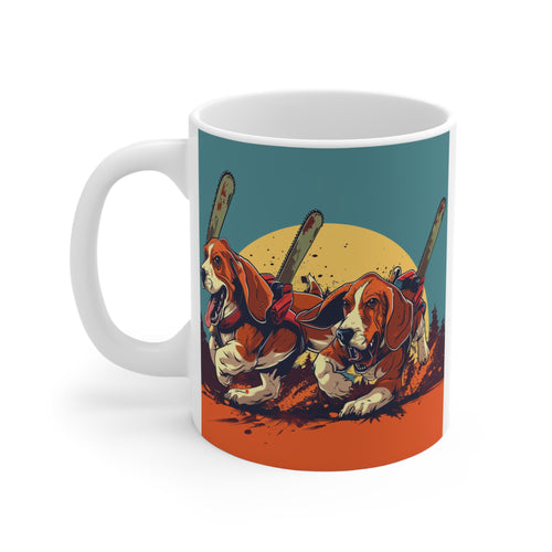 Basset Chainsaw Massacre Coffee Mug - Killer Basset Hounds with Chainsaws
