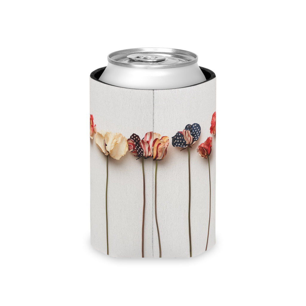 American Floral Can Cooler, Patriotic Drink Sleeve, USA Flower Beverage Holder, Fourth of July Koozie, Red White Blue Insulator