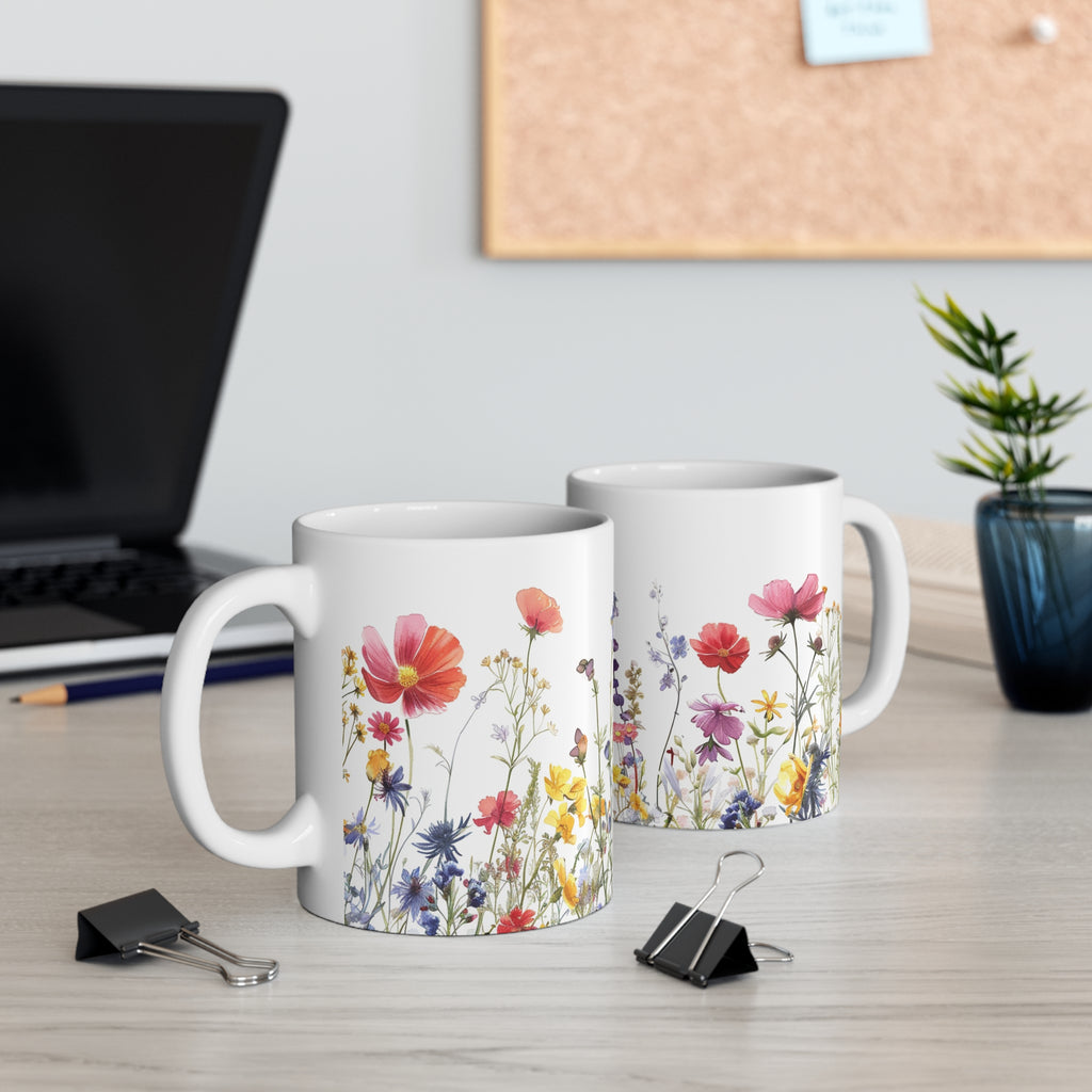 Pressed Flowers Mug, Boho Wildflowers Coffee Mug, Gift for her, Spring Mug, Watercolor Flower Mug