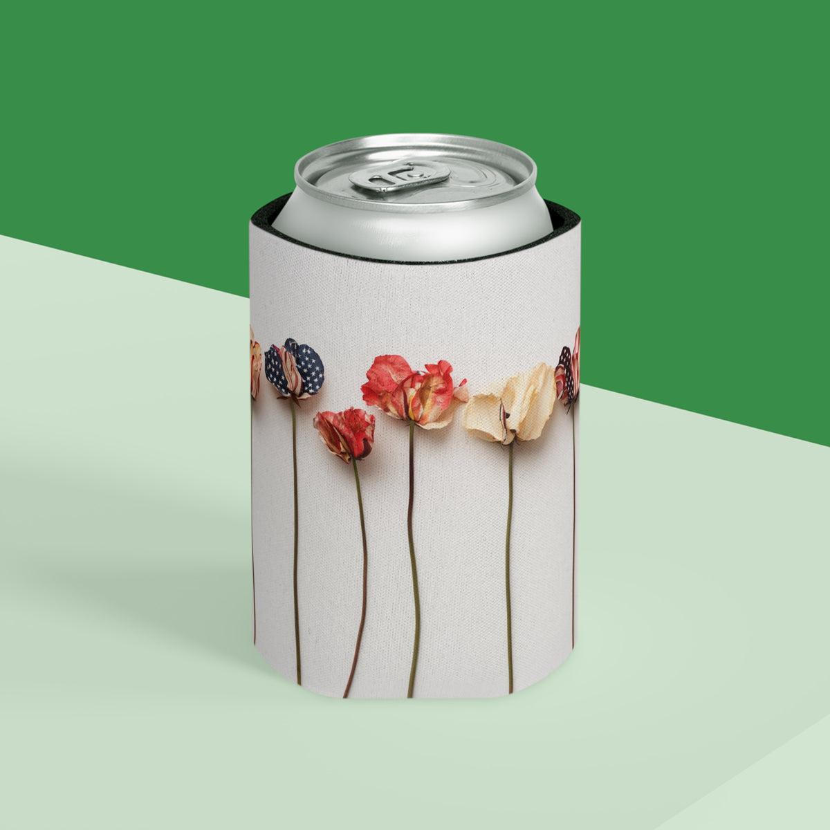 American Floral Can Cooler, Patriotic Drink Sleeve, USA Flower Beverage Holder, Fourth of July Koozie, Red White Blue Insulator