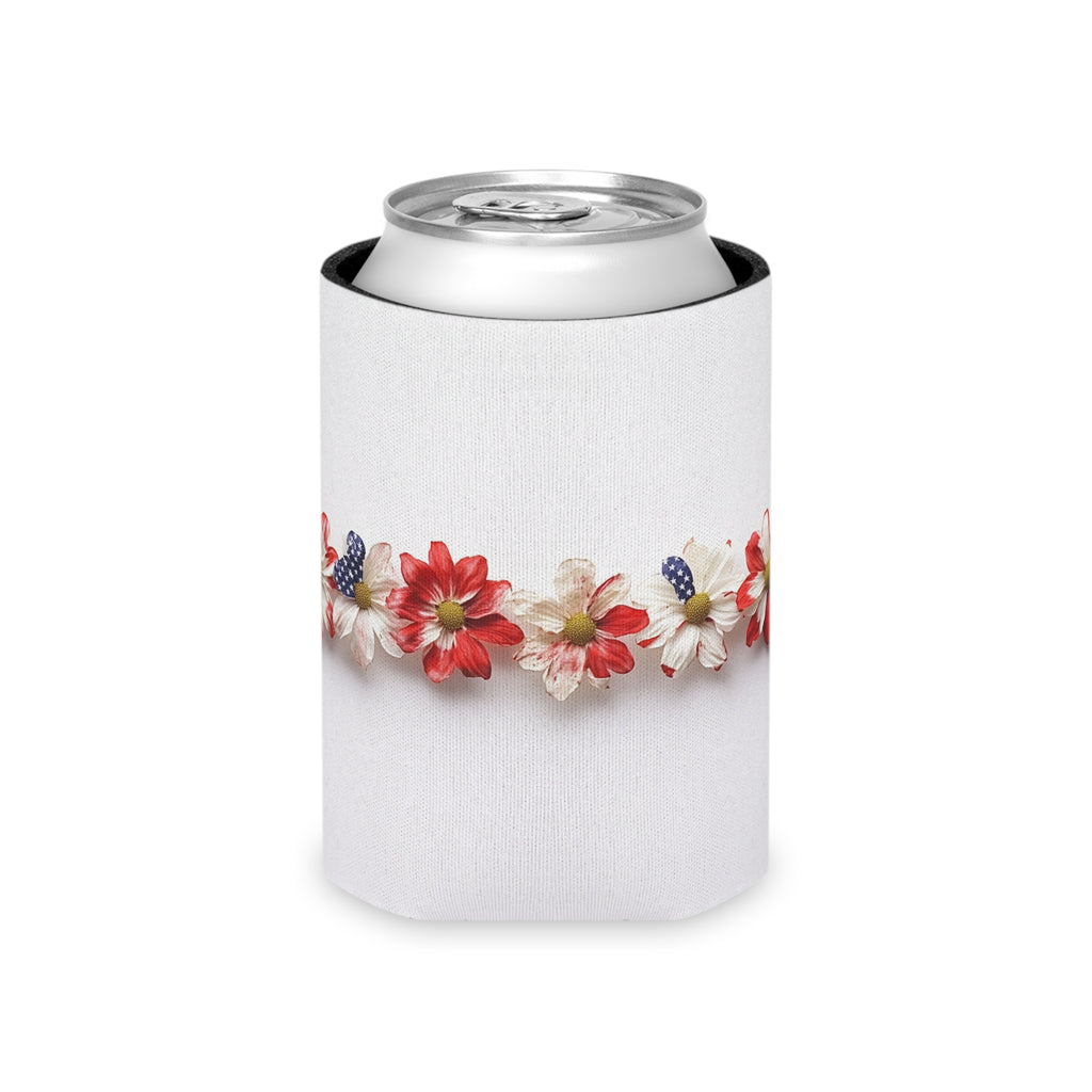 American Floral Can Cooler, Patriotic Drink Holder, Red White Blue Beverage Sleeve, USA Flower Beer Hugger, Independence Day Insulator,