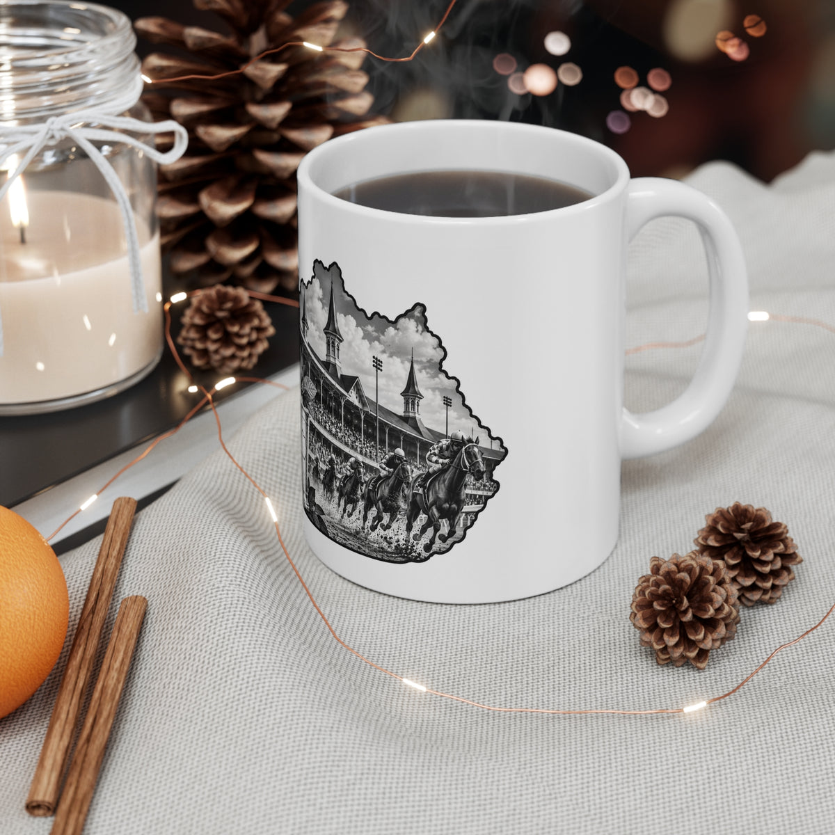Derby Hat & Roses 11oz Coffee Mug — Vintage Horse Racing Track Illustration