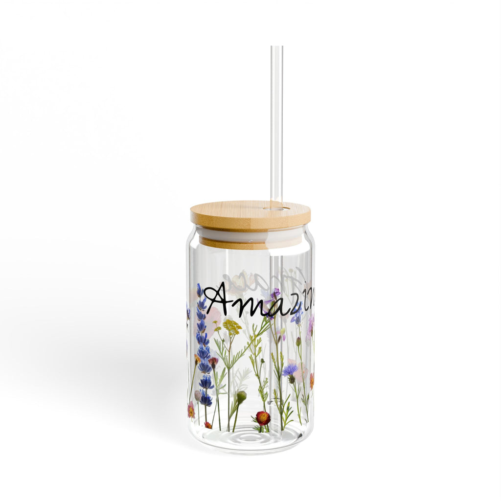 Amazing Grace Glass Sipper Glass, 16oz, Tumbler with Wildflowers