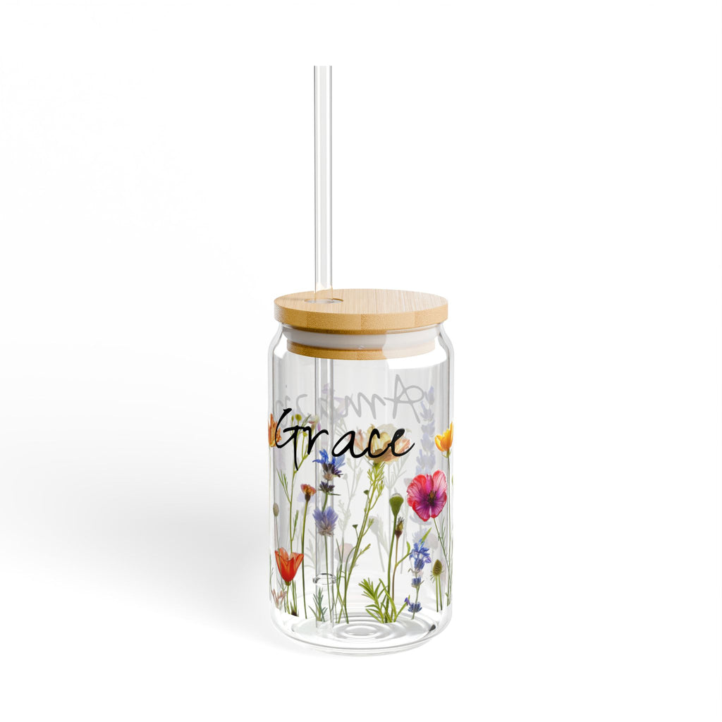 Amazing Grace Glass Sipper Glass, 16oz, Tumbler with Wildflowers